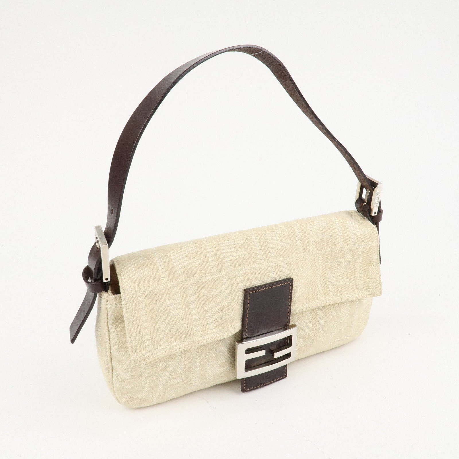 FENDI Mamma Baguette Zucca Canvas Shoulder Bag Beige White 26424