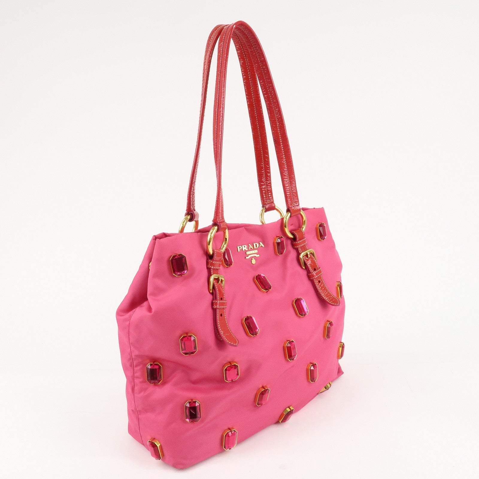 PRADA Nylon Patent Leather Bijou Tote Bag Pink Red BR4138
