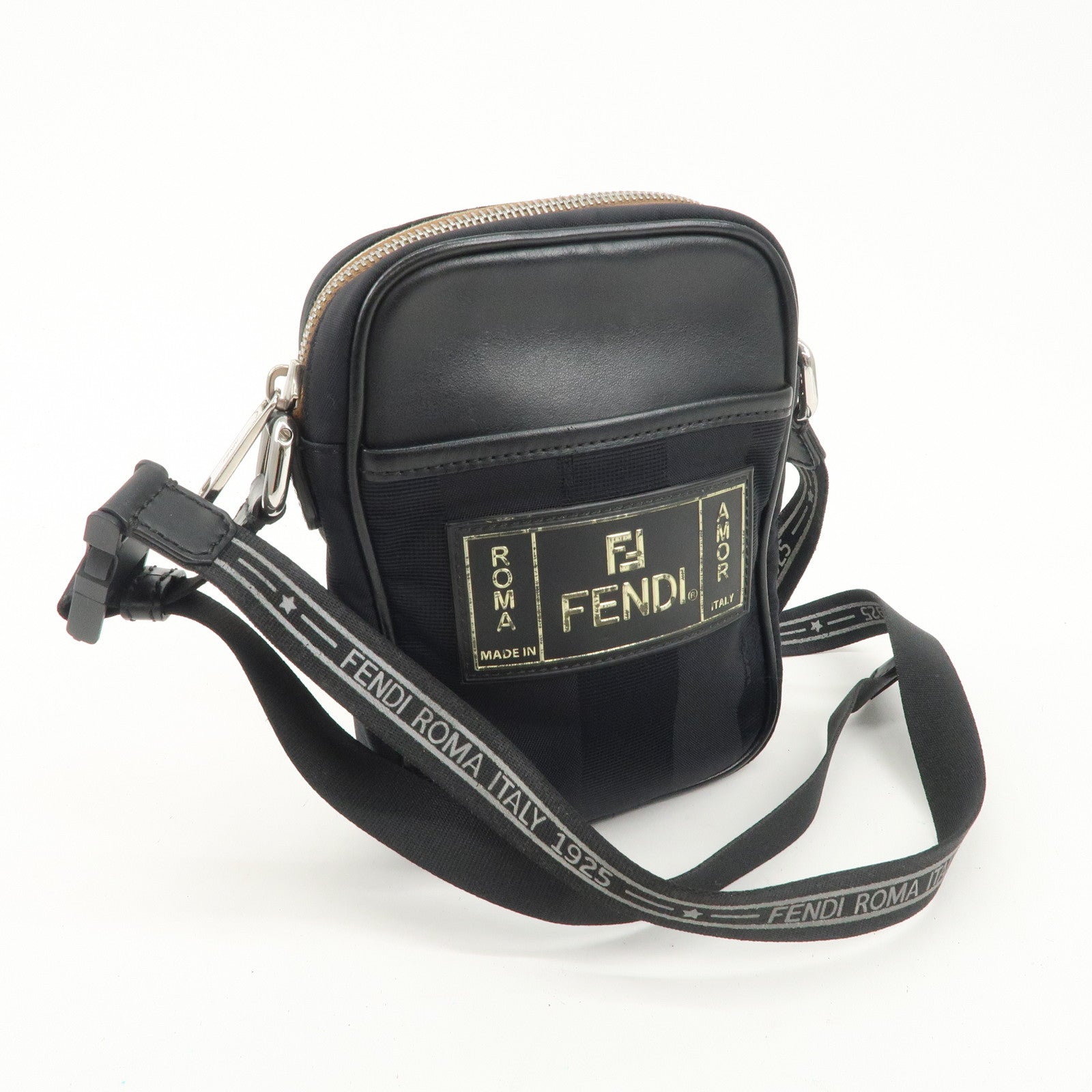 FENDI Pequin Nylon Leather Shoulder Bag Black 7VA456