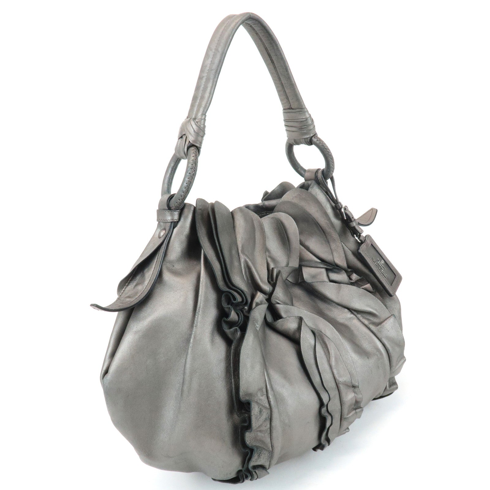 PRADA Leather Gathered 2WAY Shoulder Bag Hand Bag Silver Gray