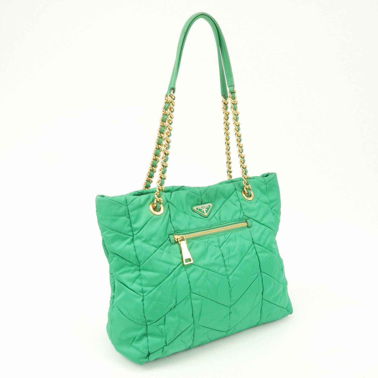 PRADA Triangle Logo Nylon Leather Chain Tote Bag Green BR4383