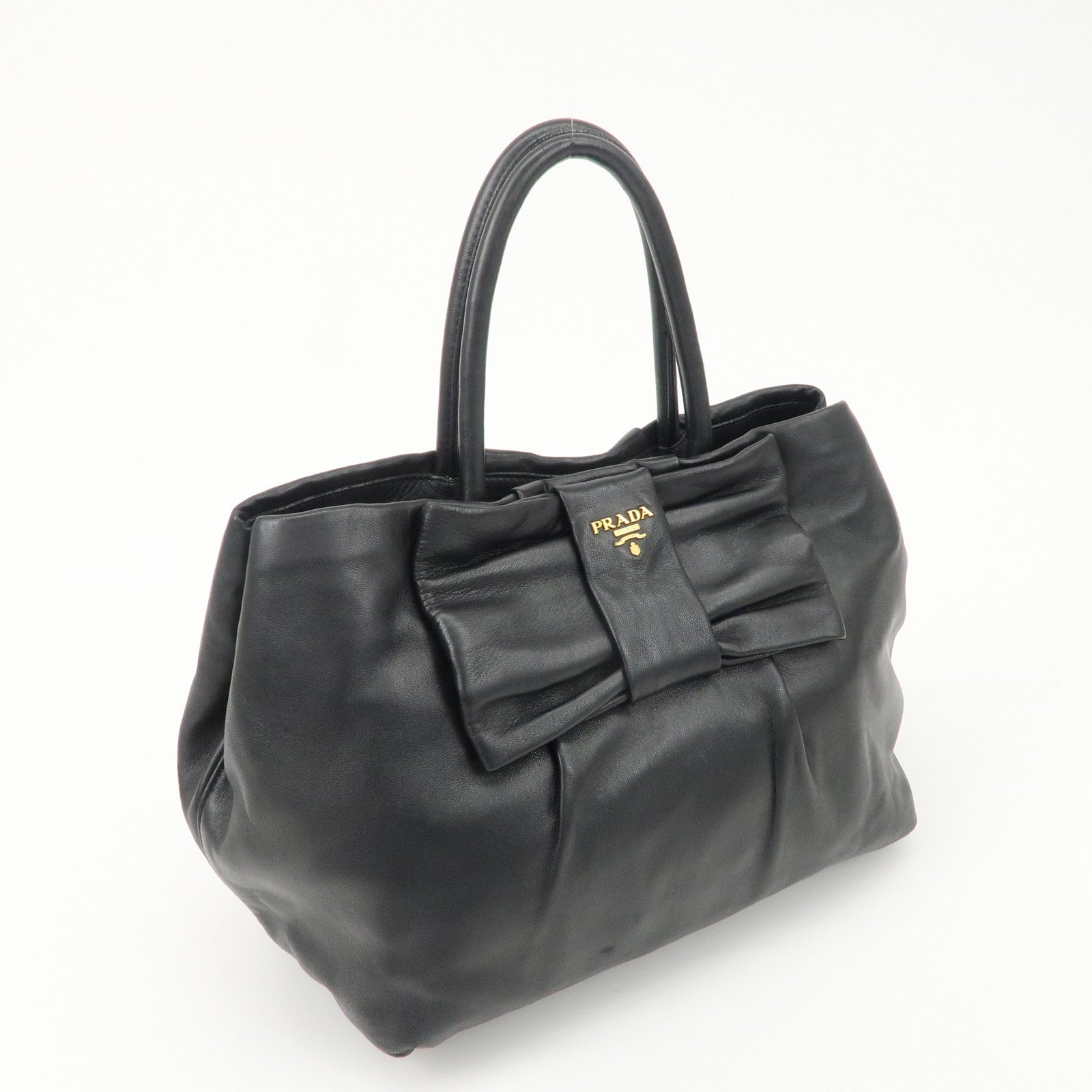 PRADA Leather Ribbon Tote Bag Hand Bag NERO Black BN1601