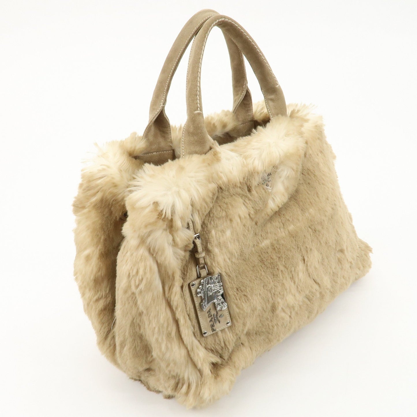 PRADA Eco Lapin Fur Suede Canapa Large Tote Bag Beige BN1918