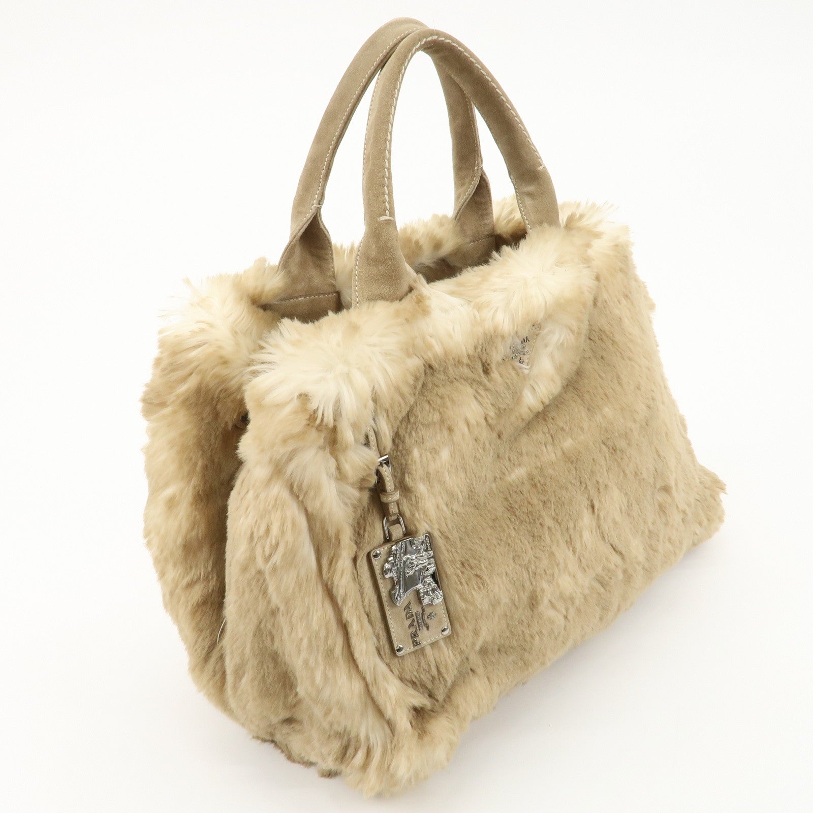 PRADA Eco Lapin Fur Suede Canapa Large Tote Bag Beige BN1918