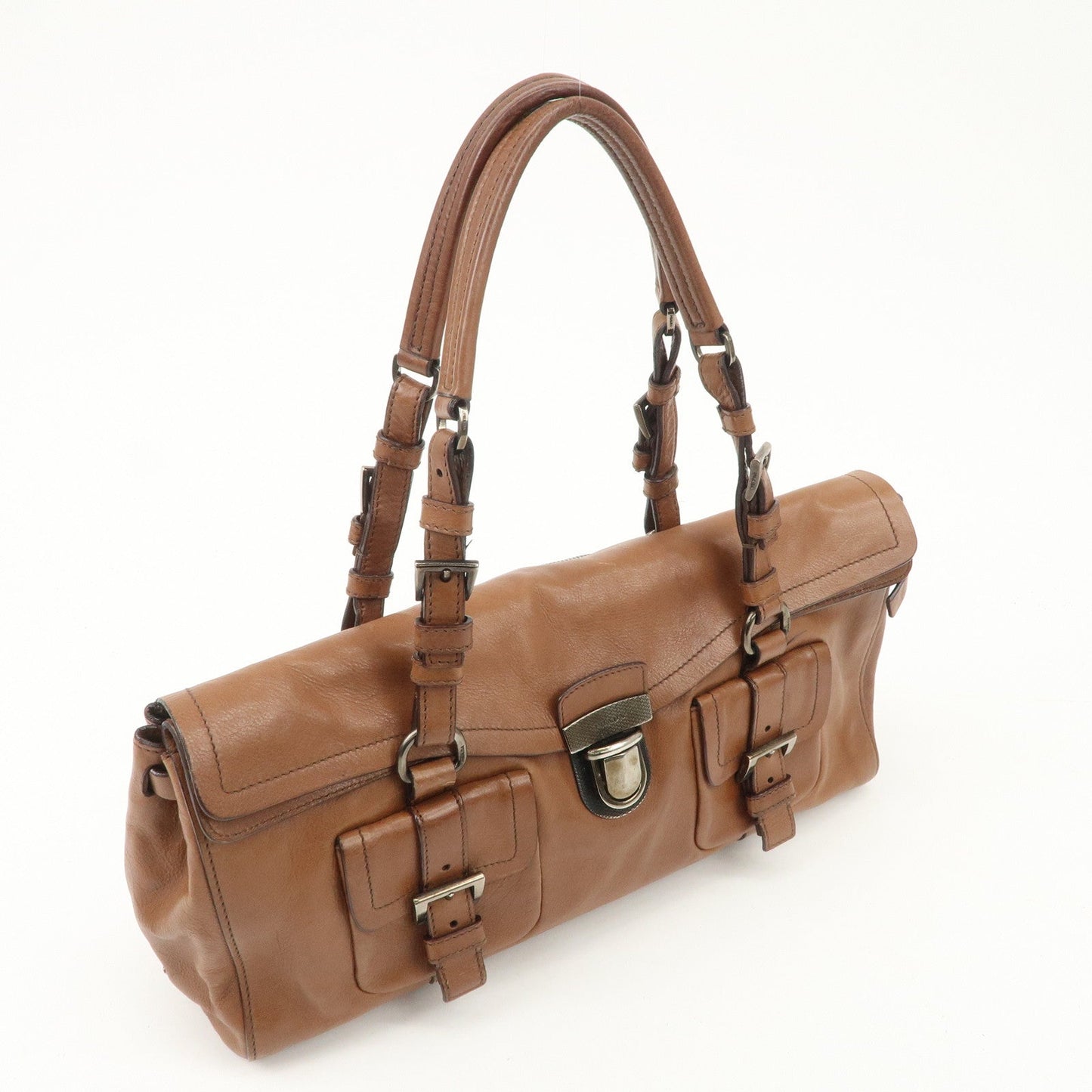 PRADA Logo Leather Shoulder Bag Hand Bag Brown Silver Hardware
