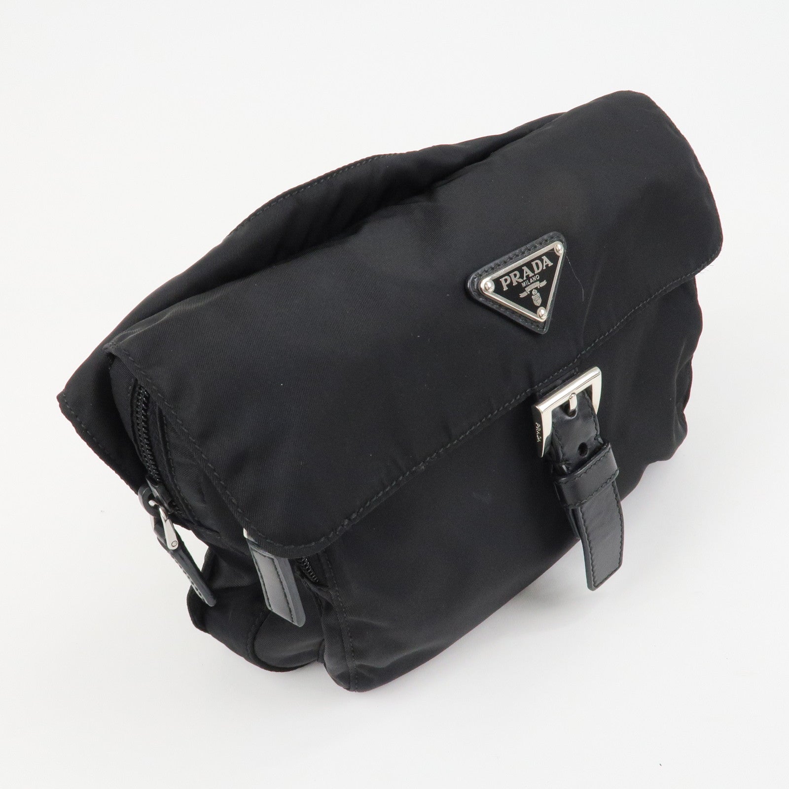 PRADA Triangle Logo Nylon Leather Shoulder Bag Black
