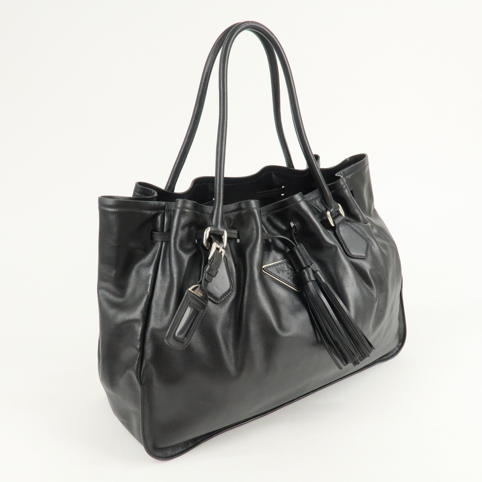 PRADA Leather Tote Bag Shoulder Bag Black BR3616