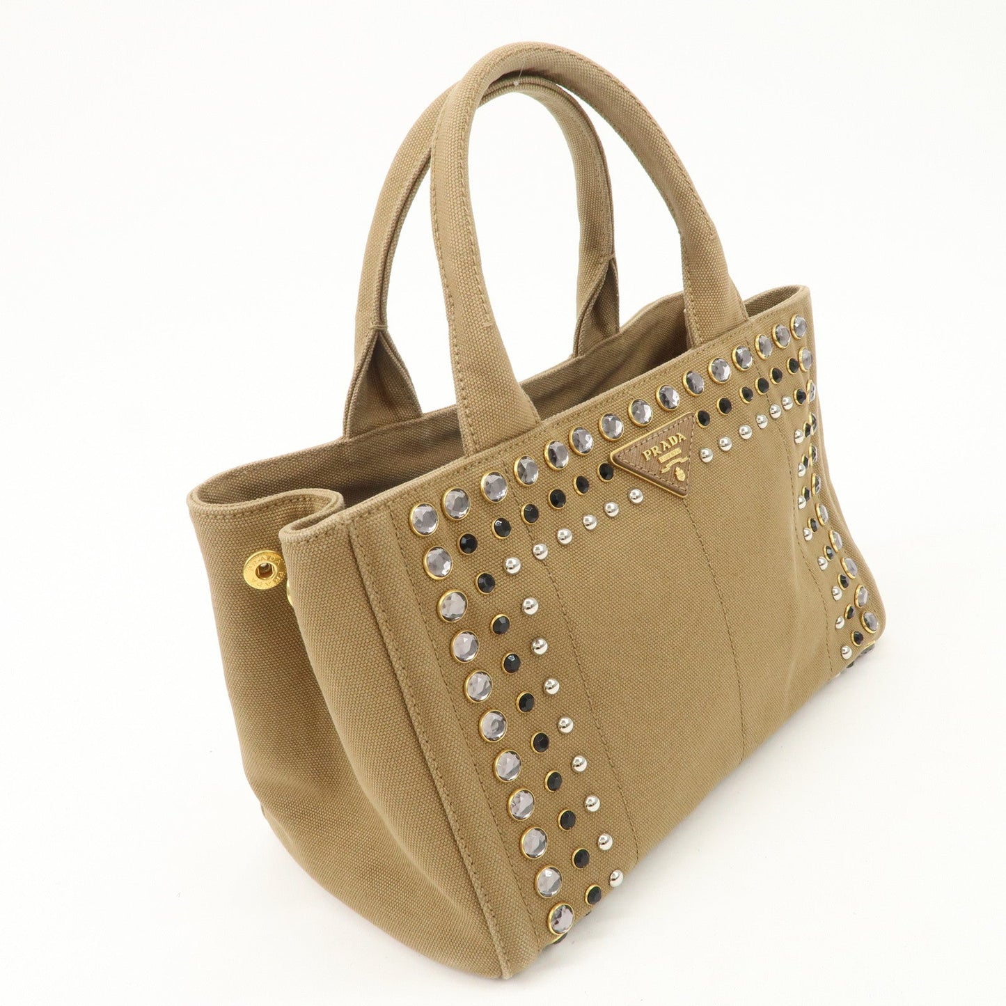 PRADA Logo Canapa Canvas Bijou Studs 2Way Hand Tote Bag Brown