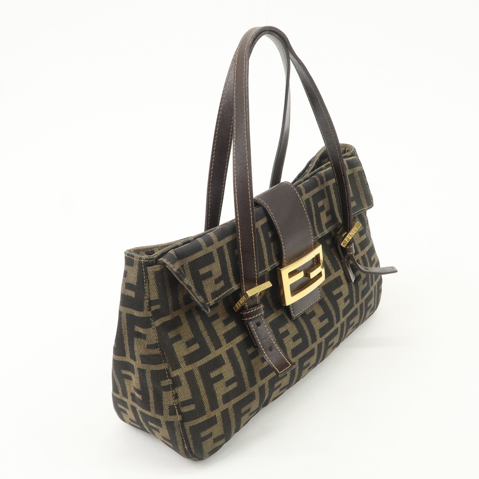 FENDI Zucca Canvas Leather Hand Bag Brown Black Gold Hardware