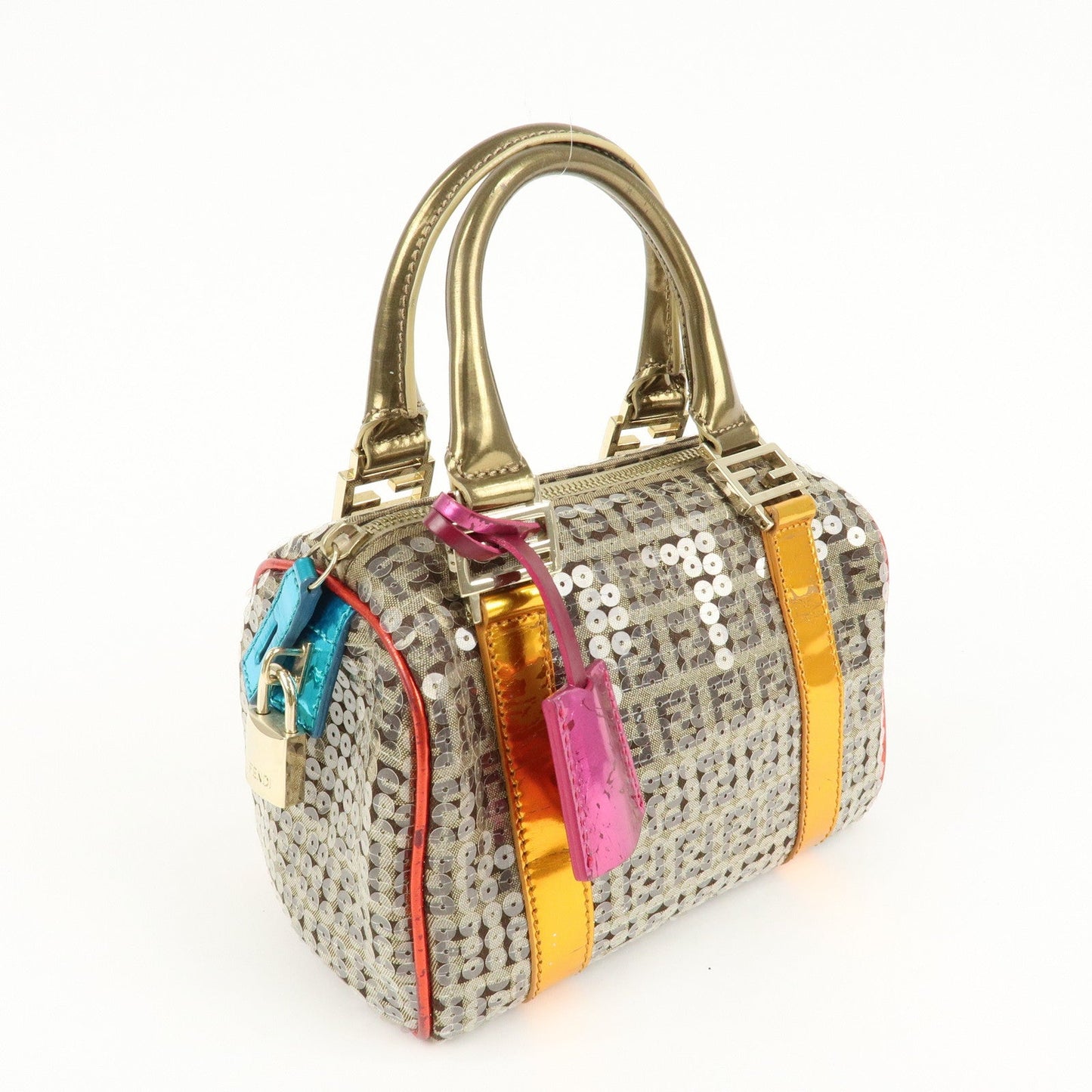 FENDI Zucchino Flip Sequin Canvas Patent Leather Boston Bag 8BL071
