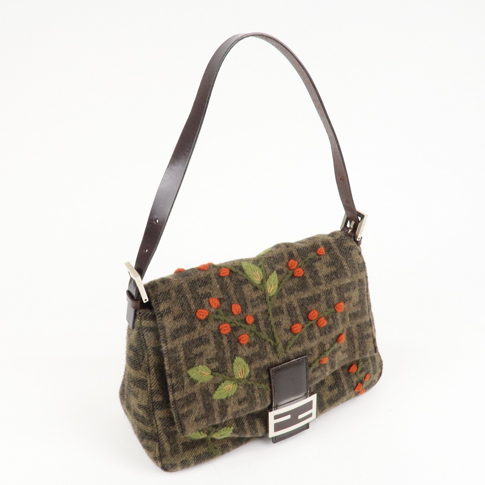FENDI Mamma Baguette Zucca Wool Leather Shoulder Bag Flower