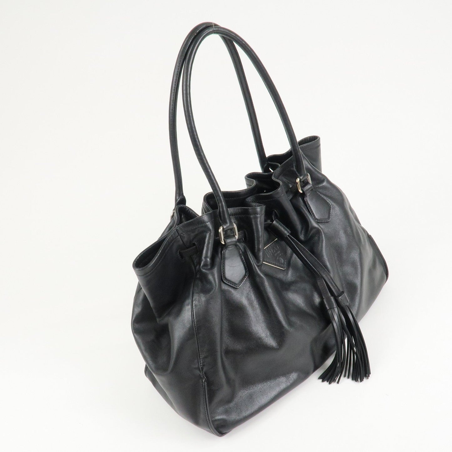 PRADA Triangle Logo Leather Tote Bag Black