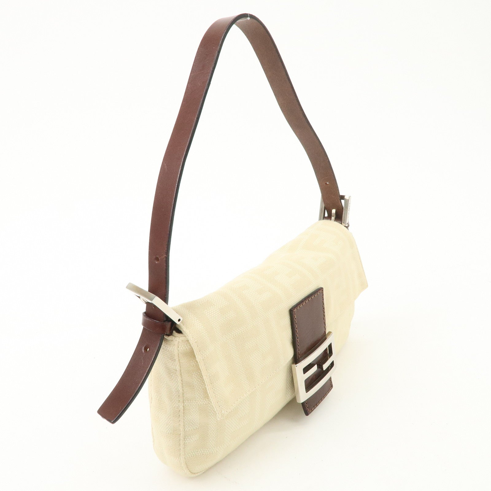 FENDI Zucca Mamma Baguette Canvas Shoulder Bag Beige White 26424