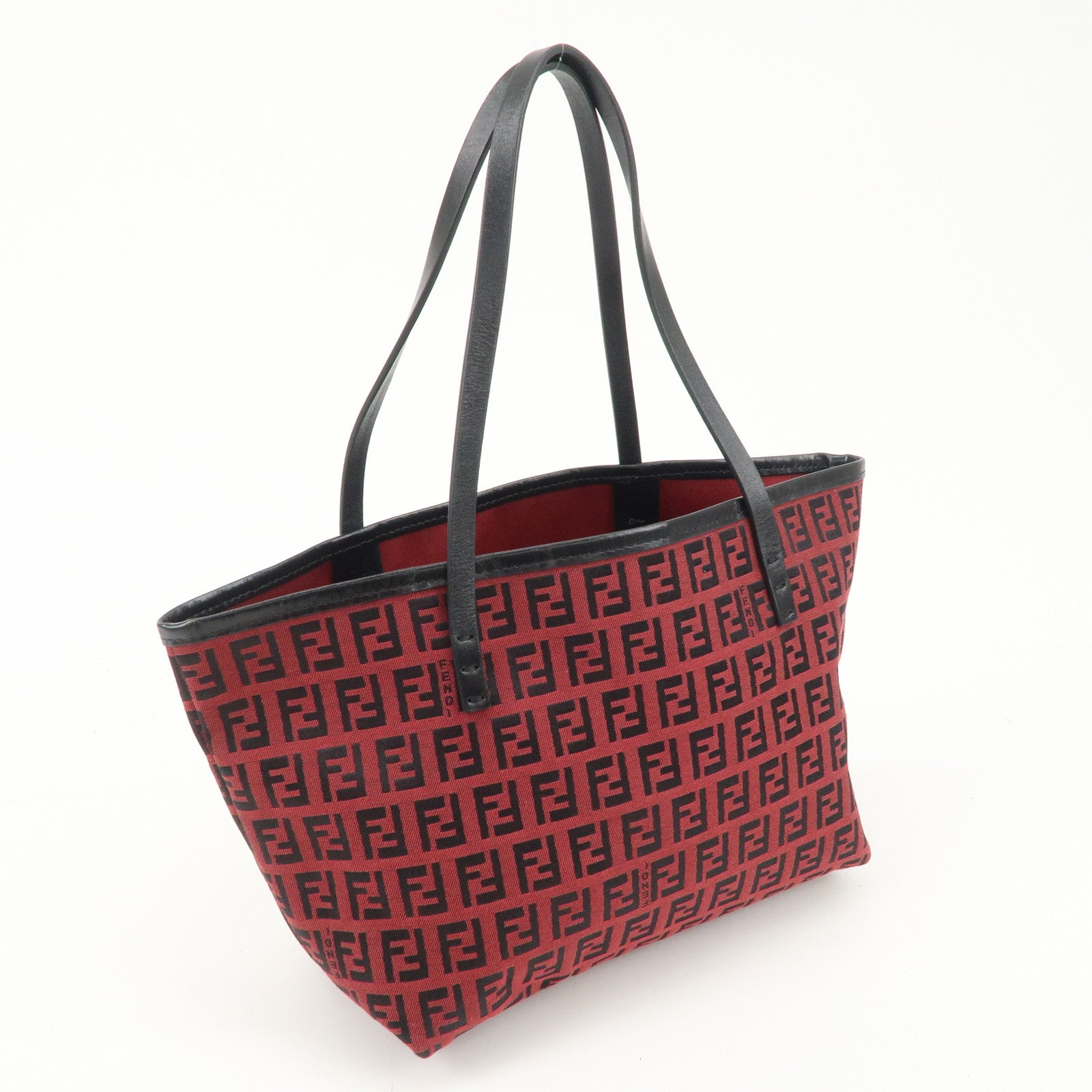 FENDI Zucchino Canvas Leather Mini Tote Bag Red Black 8BH056