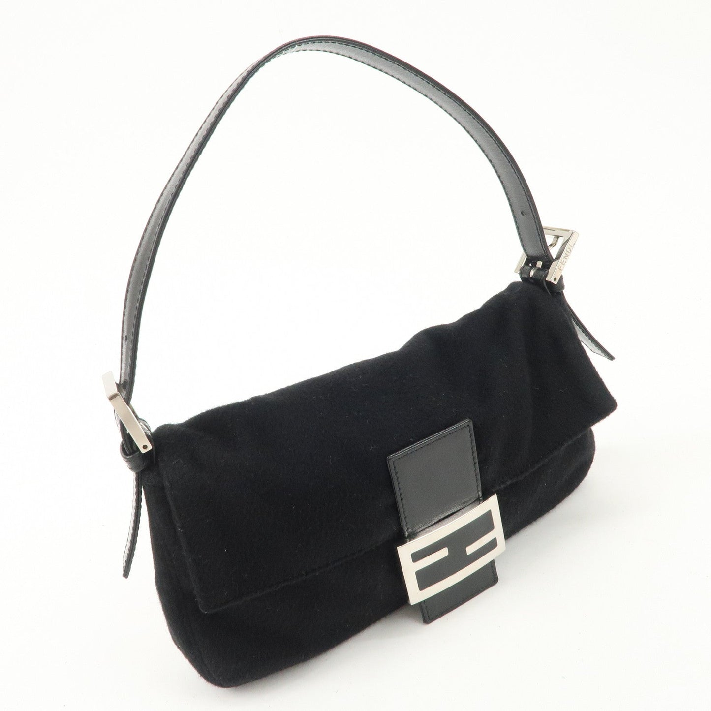 FENDI Mamma Baguette Cashmere Leather Shoulder Bag Black 26424