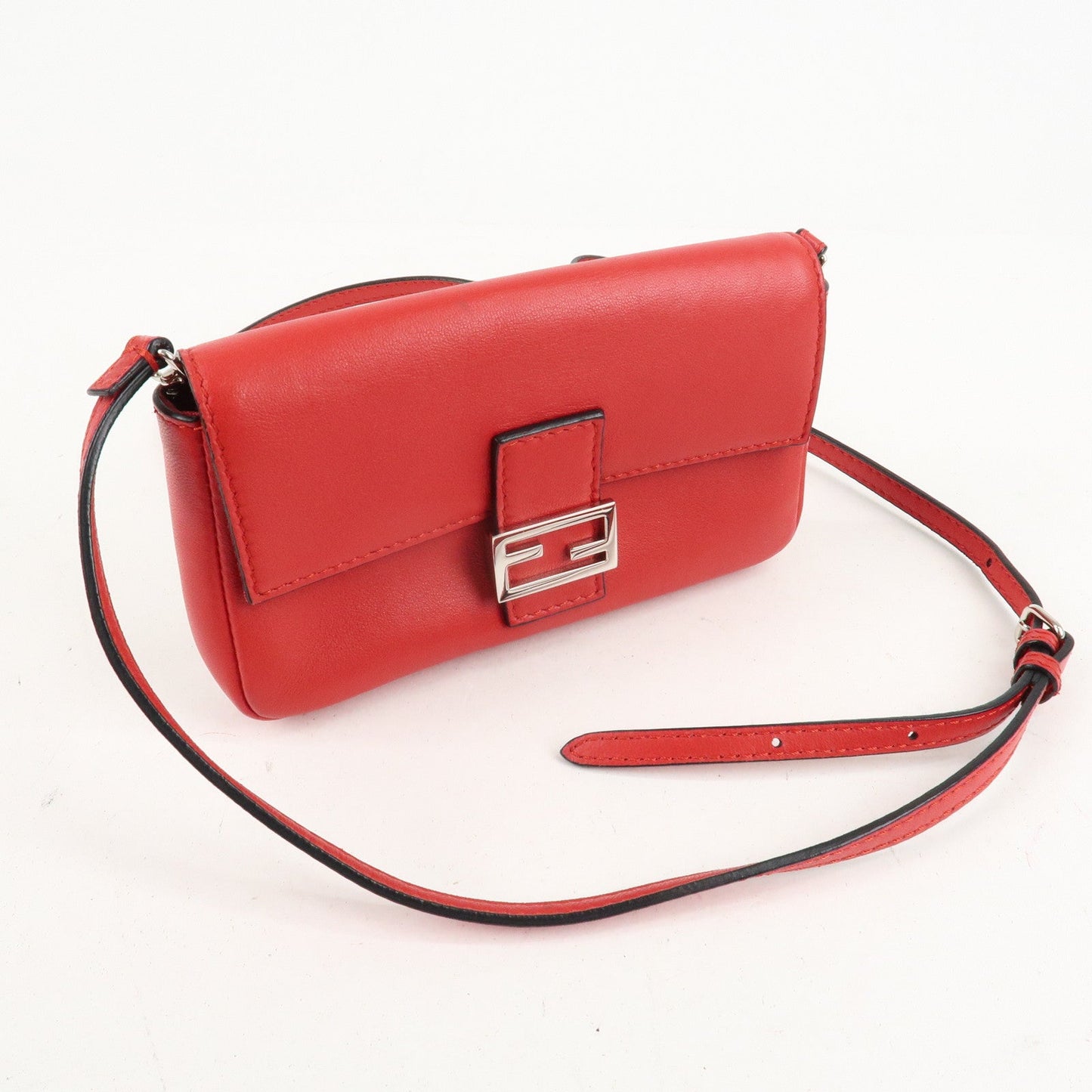 FENDI Micro Baguette Leather Shoulder Bag Red 8M0354