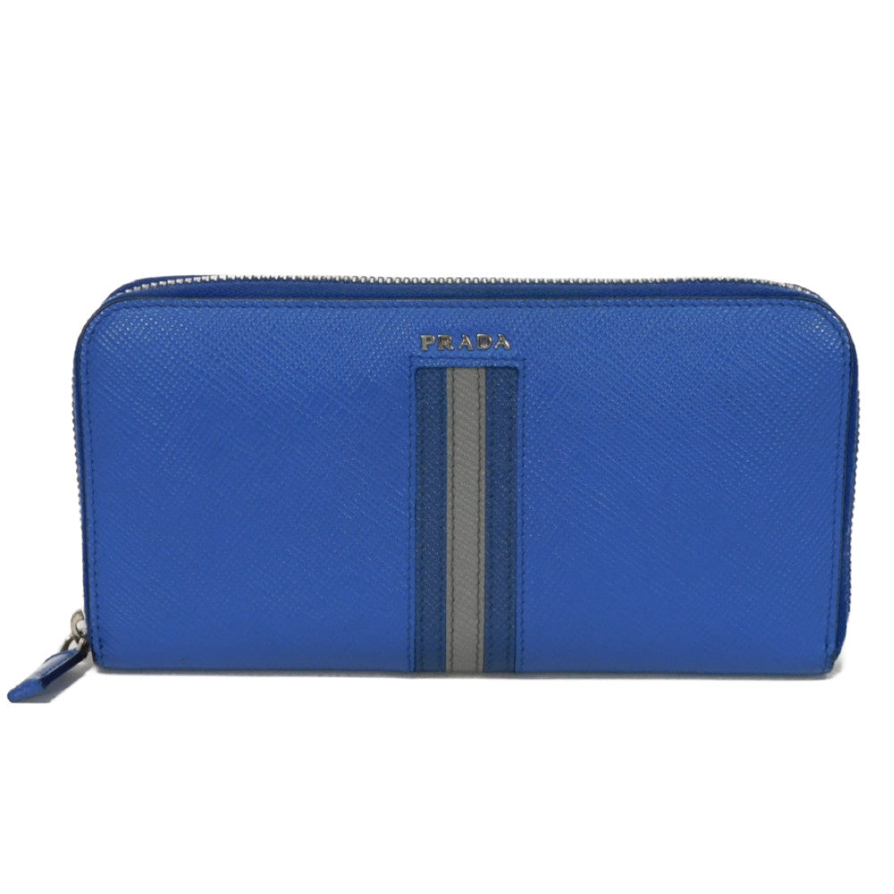 PRADA Long Wallet Purse 2ML317 Safiano leather (stamped) blue Gray Zip Around logo metal Saffiano striped round zip wallet unisex(Unisex)