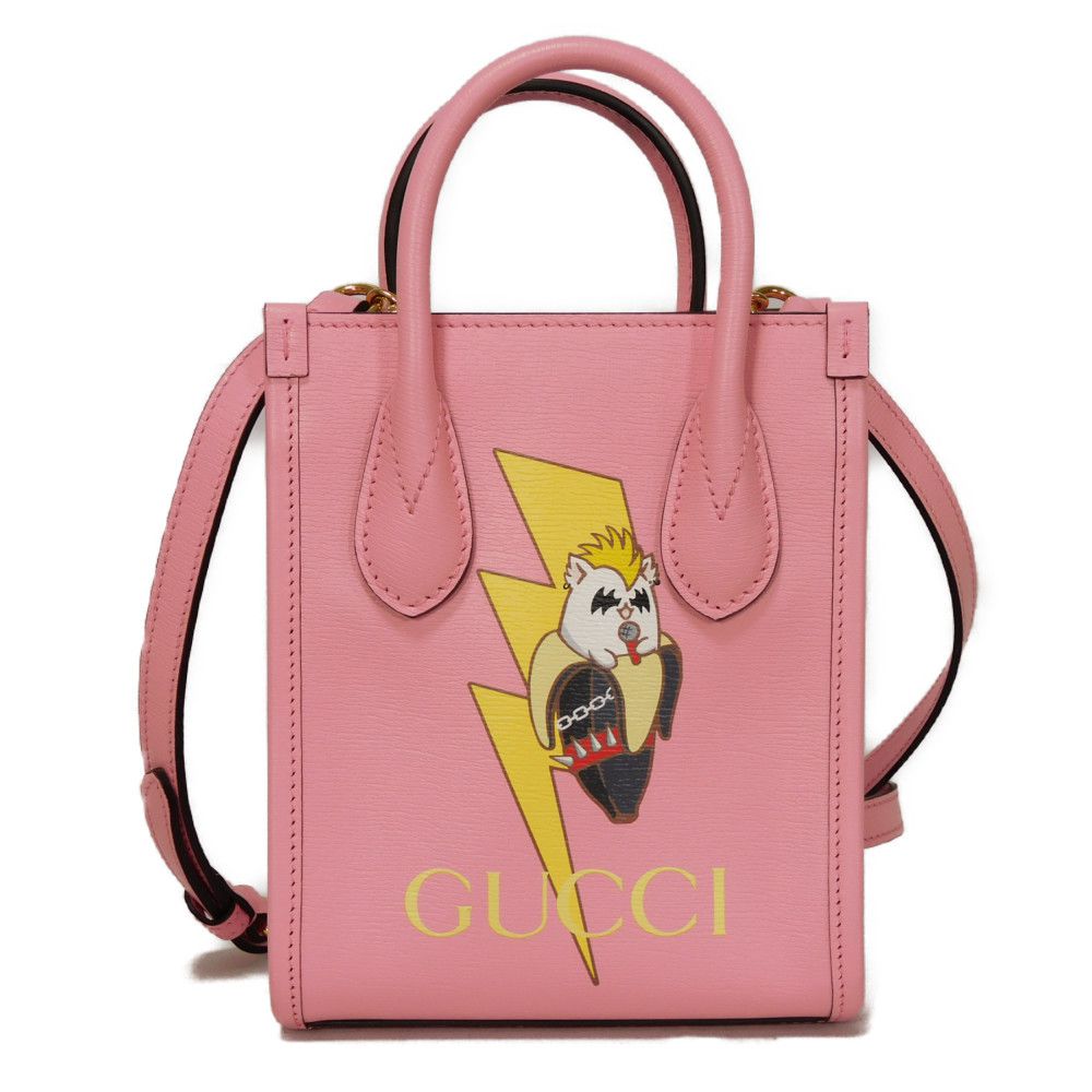 GUCCI Shoulder Bag 671623 5964 Textured leather Light pink Banana Bolt Inazuma Pastel Crossbody logo Bananya Mini Tote unisex(Unisex)