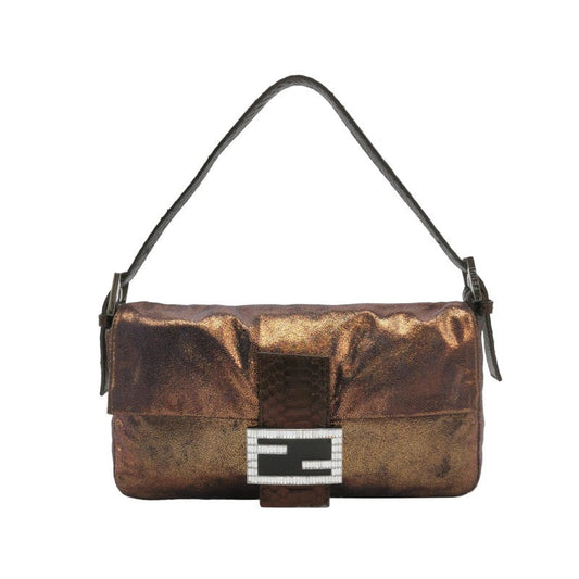 Fendi Baguette Copper Lambskin Leather Crystal Buckle Shoulder Bag