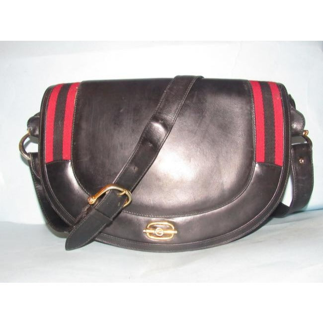 Gucci One Of A Kindearly Supple Black Leather With Navy And Red Stripe Accents Canvas Shoulder Bag