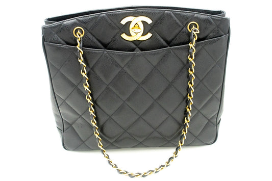 CHANEL Caviar Large Chain Shoulder Bag Black Quilted Leather
