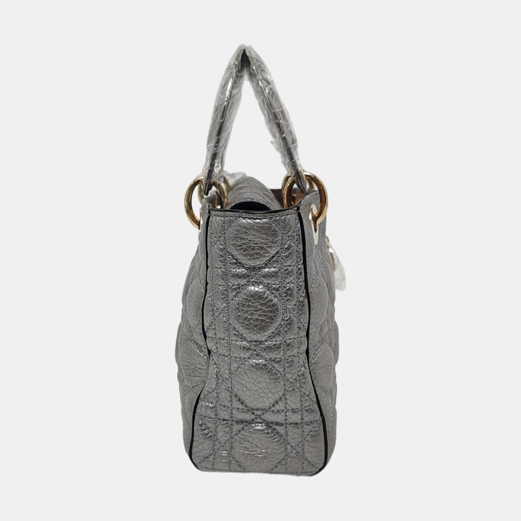 Lady Dior Small Supple Calfskin Leather Metallic Grey Cannage Handbag with Strap