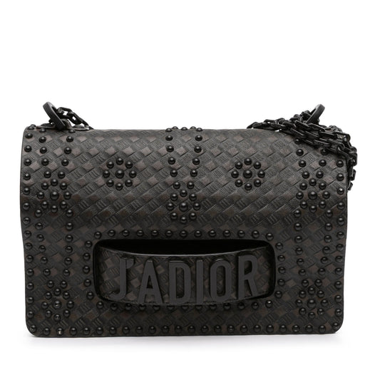 Black Dior Medium Embossed Calfskin Studded JAdior Chain Flap Shoulder Bag