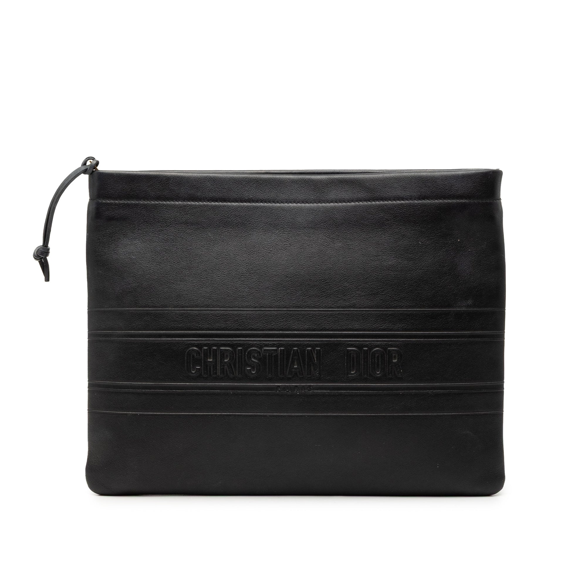 Black Dior Logo Embossed Leather Clutch