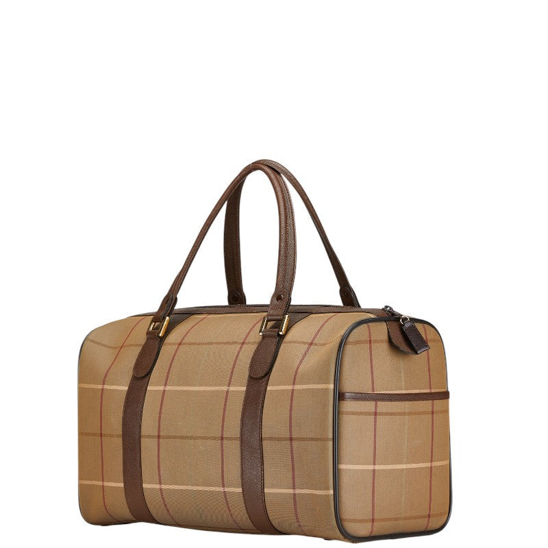 Burberry Check Leather Canvas Boston Bag Travel Bag