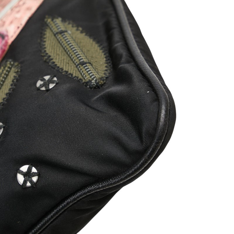 Prada Triangle Logo Flower Embroidery Nylon Python Shoulder Bag