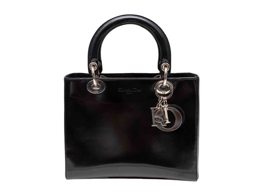 Black Christian Dior Medium Patent Lady Dior Bag