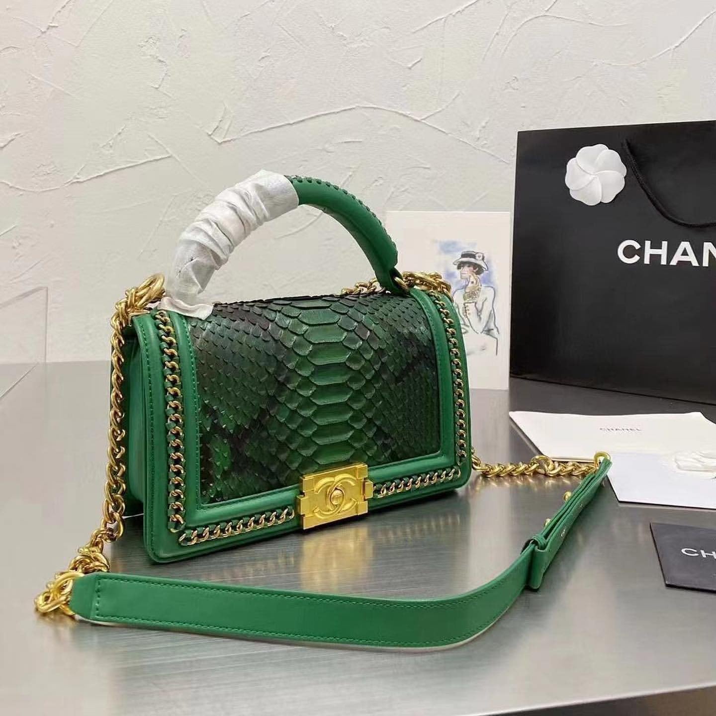 Chanel Boy Crocodile Looks HandBag Green