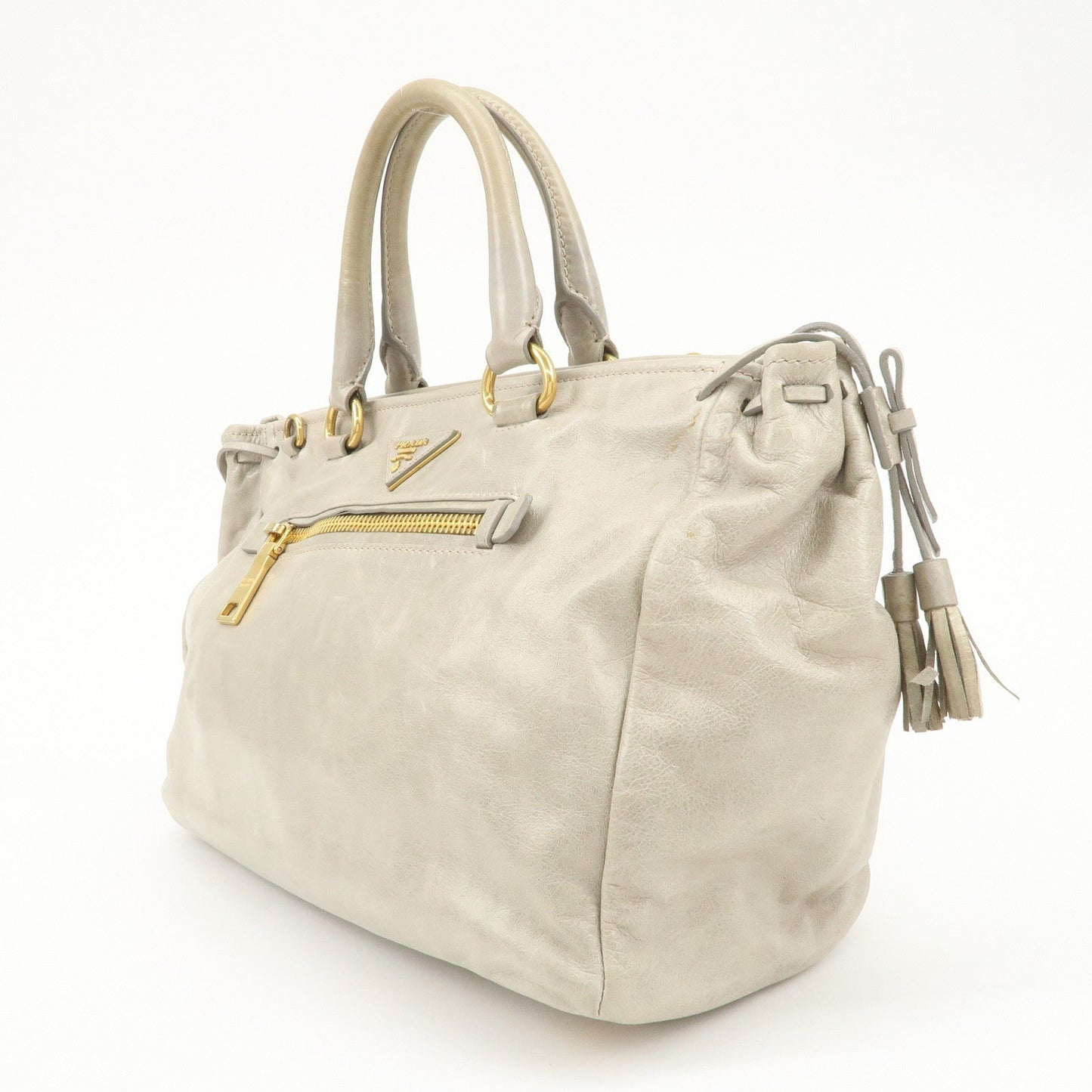 PRADA Triangle Logo VITELLOSHINE Leather 2Way Bag Hand Bag Gray BN1921