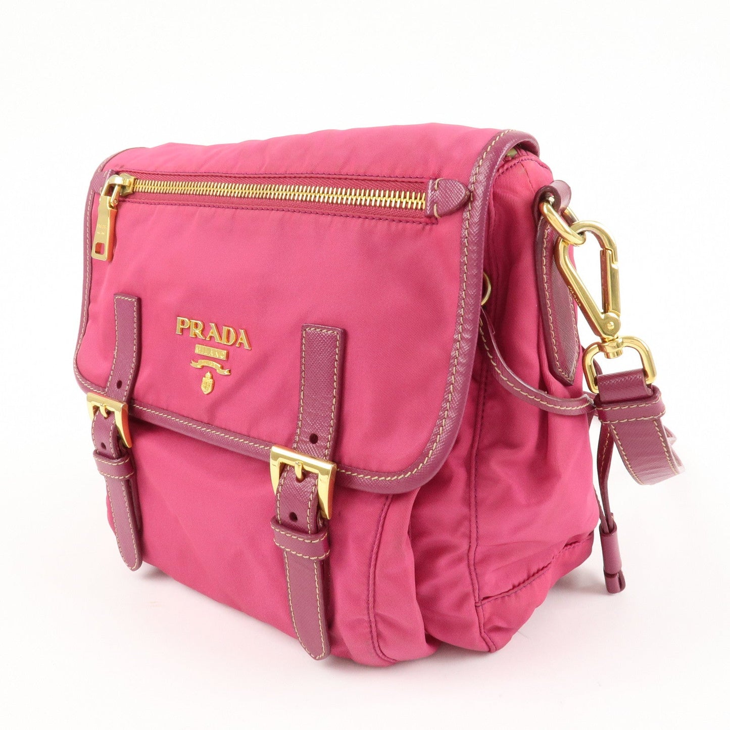 PRADA Nylon Saffiano Leather Flap Messenger Shoulder Bag Pink BT0697