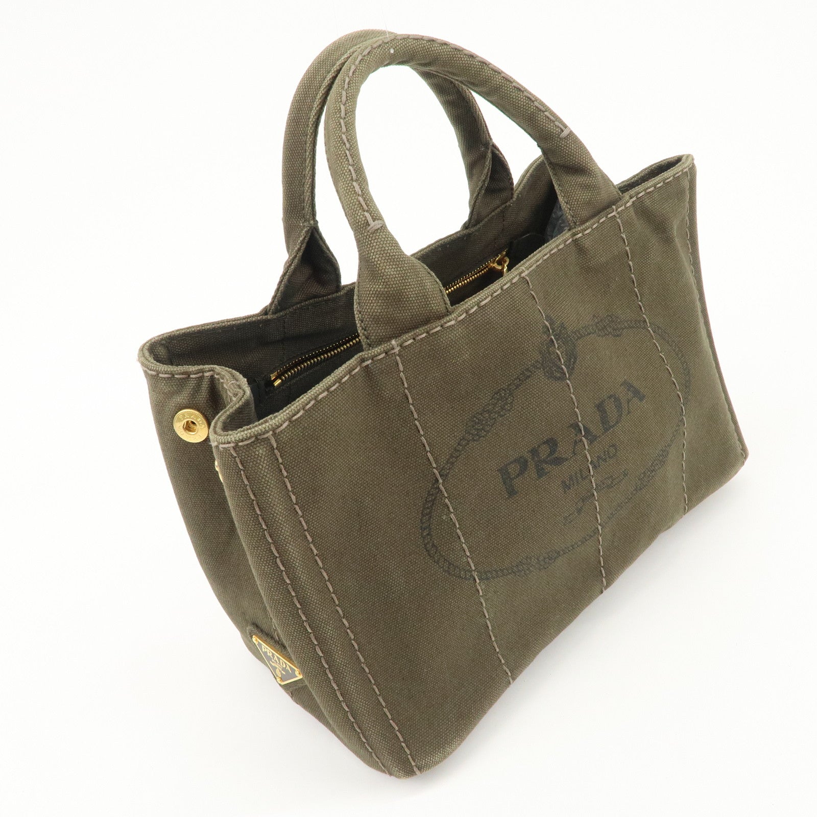 PRADA Canapa Mini Canvas Bag Hand Bag Tote Bag Khaki BN2439