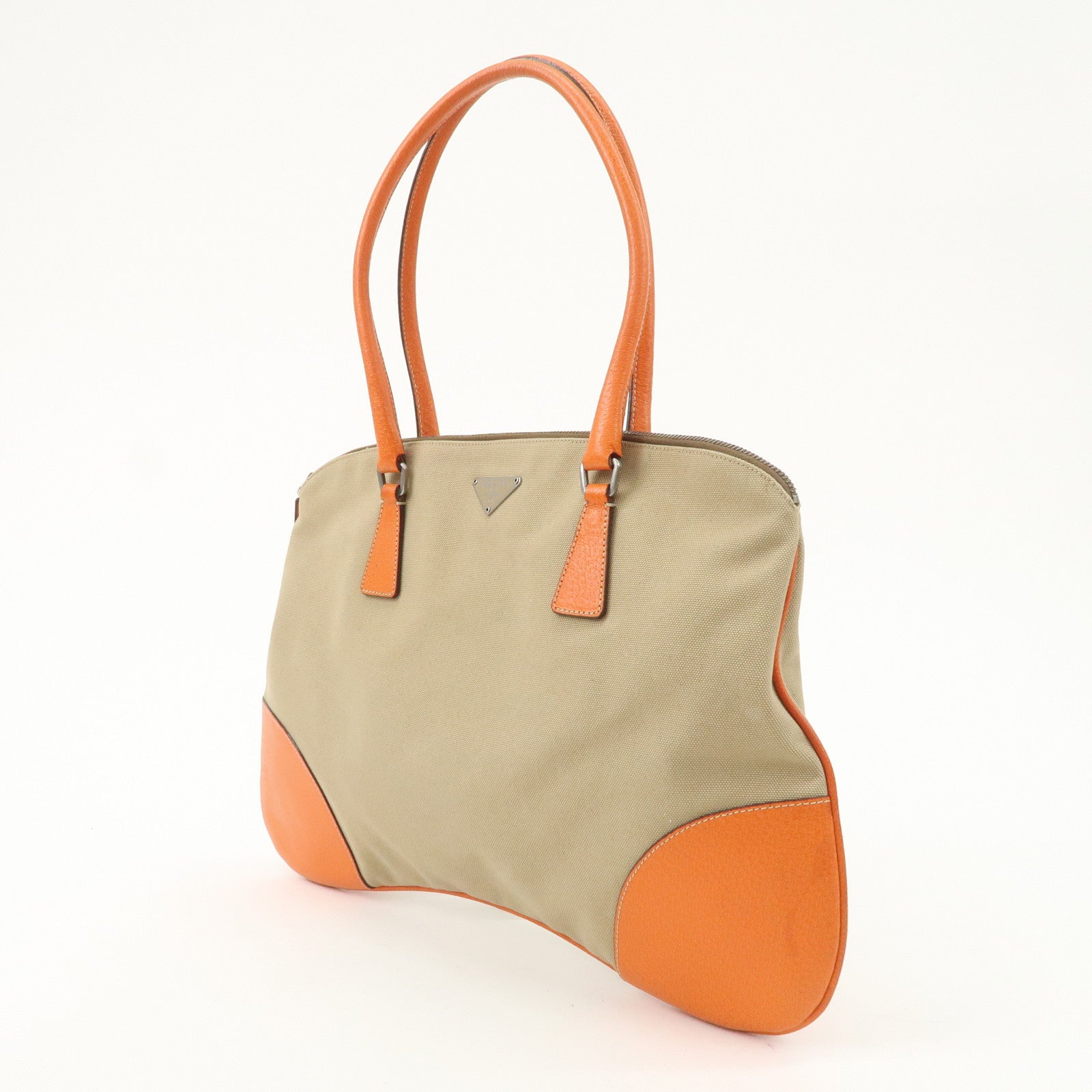 PRADA Triangle Logo Canvas Leather Shoulder Bag Orange Beige