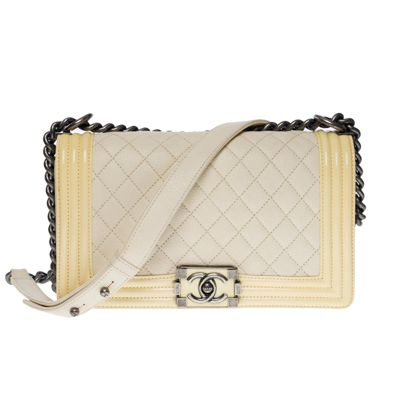 CHANEL Boy medium shoulder bag in beige caviar & Yellow patent leather, SHW
