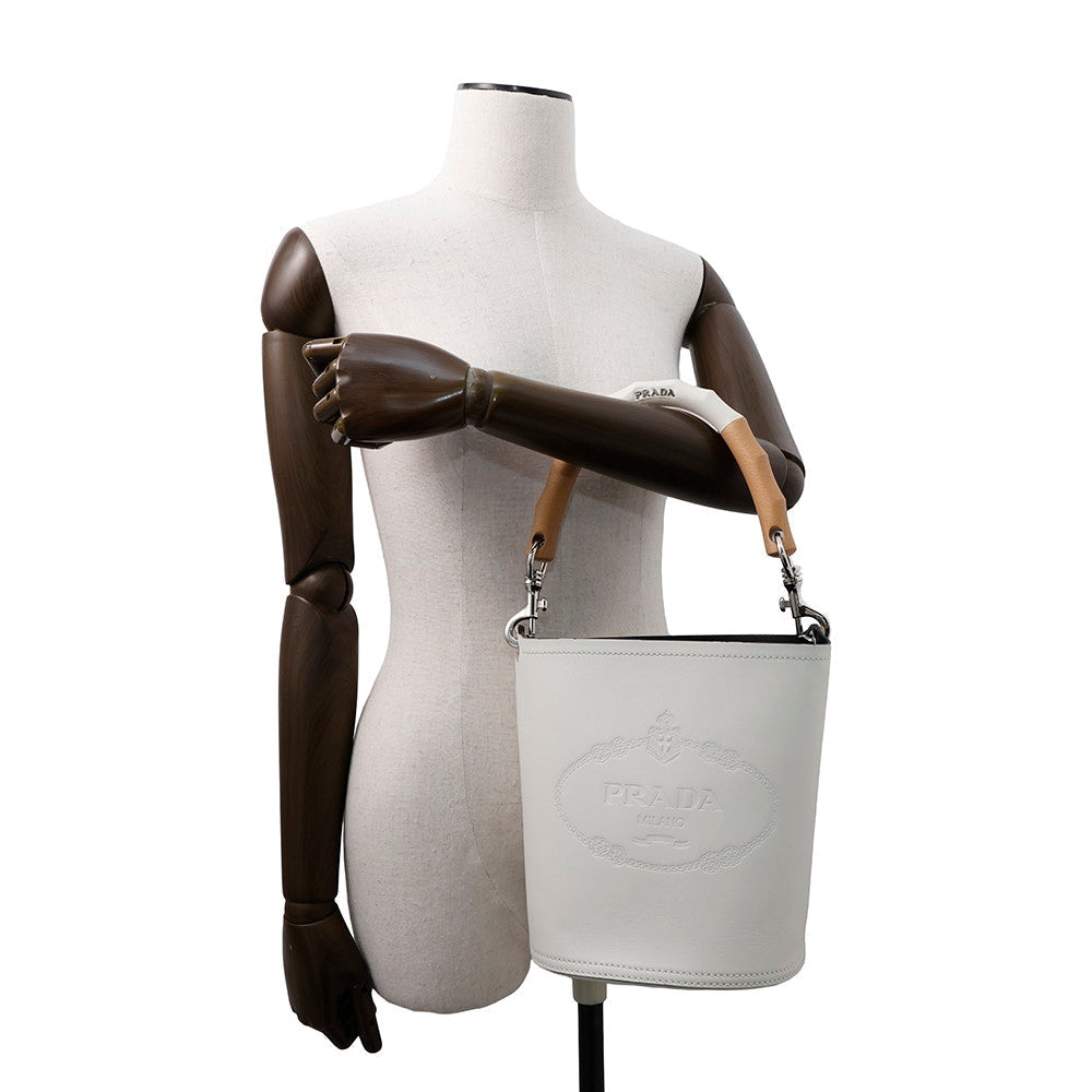 PRADA Tambour 2WAY Bucket Handbag White1BE048 Leather Wood