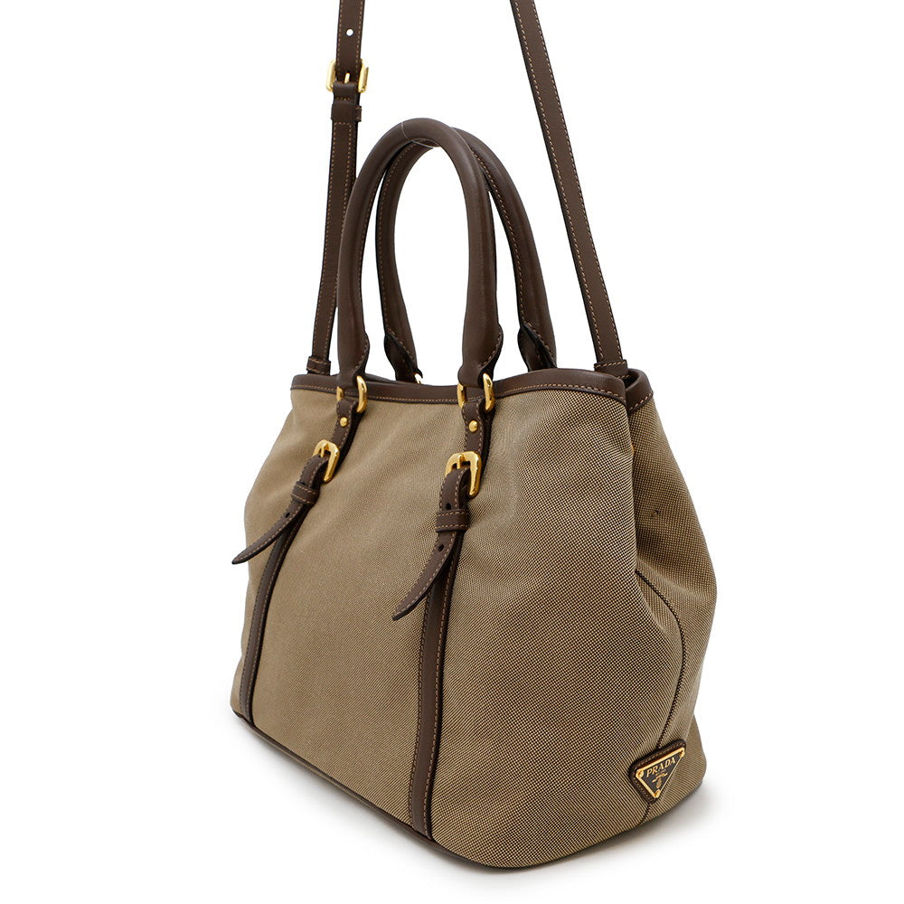 PRADA Logo Jacquard 2-way Tote Bag Brown/KhakiBN1841 Leather Canvas