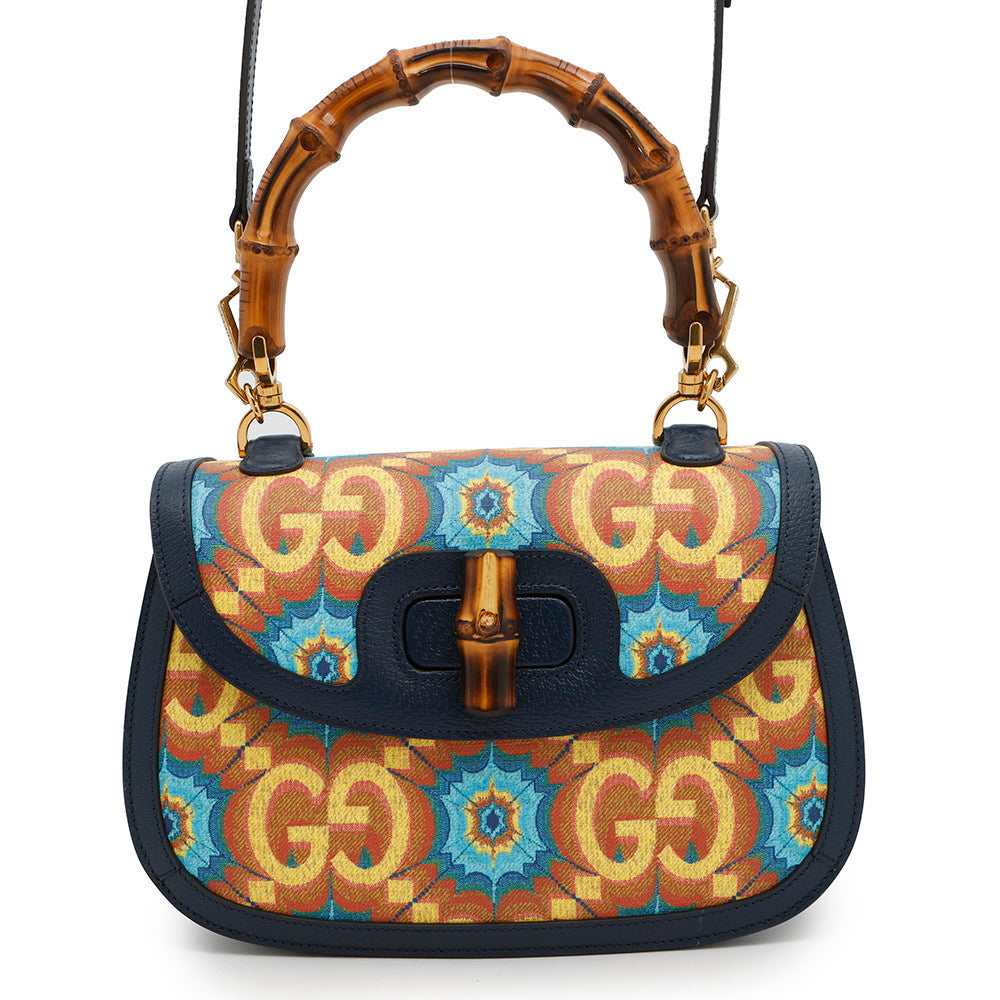 GUCCI Bamboo 1947 2-Way Handbag 100th Anniversary Model Blue/Orange678489 Bamboo Leather Size Medium