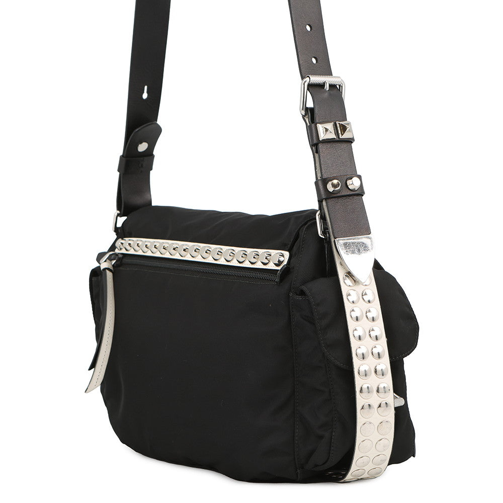 PRADA Studded Shoulder Bag Black/White1BD118 Nylon Leather