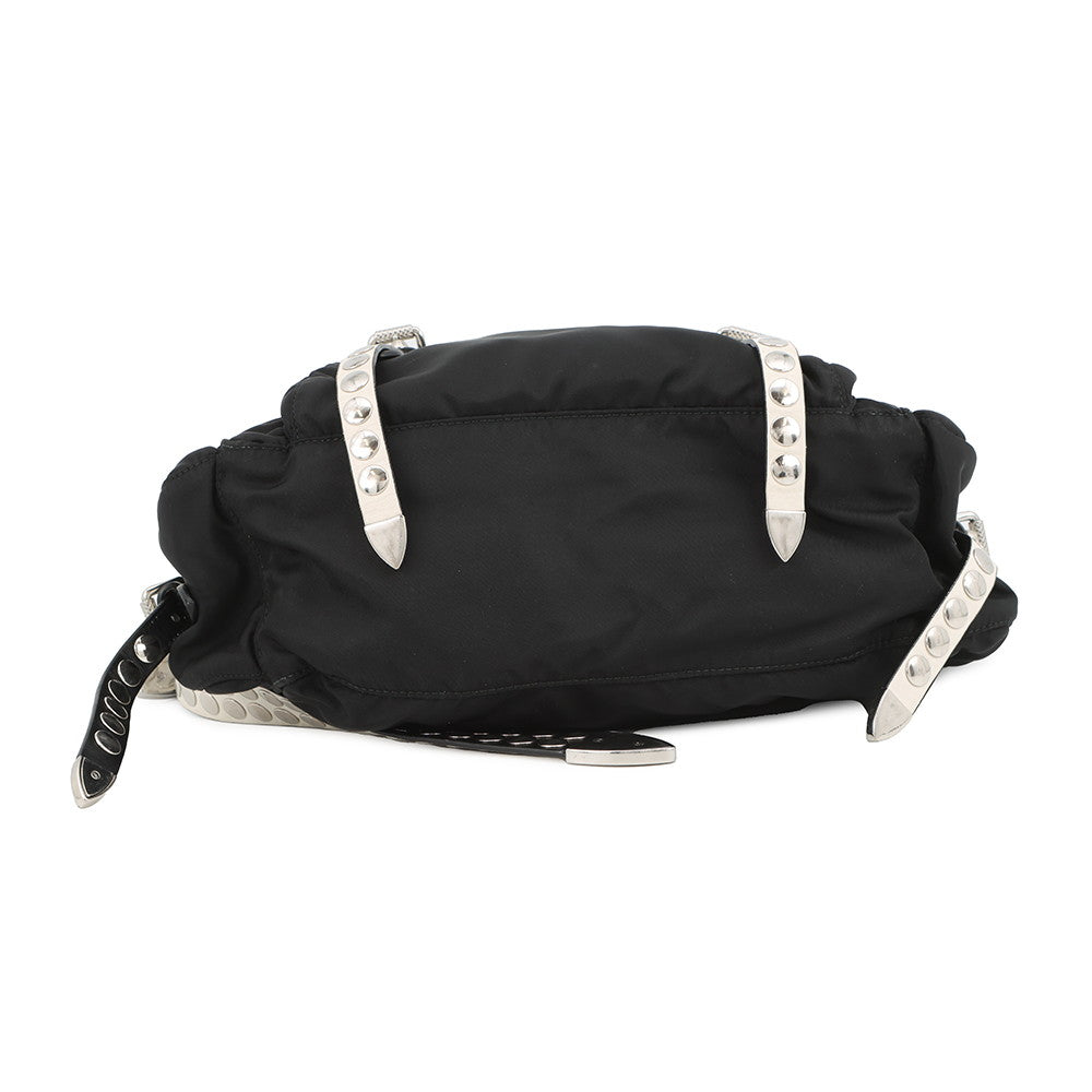 PRADA Studded Shoulder Bag Black/White1BD118 Nylon Leather