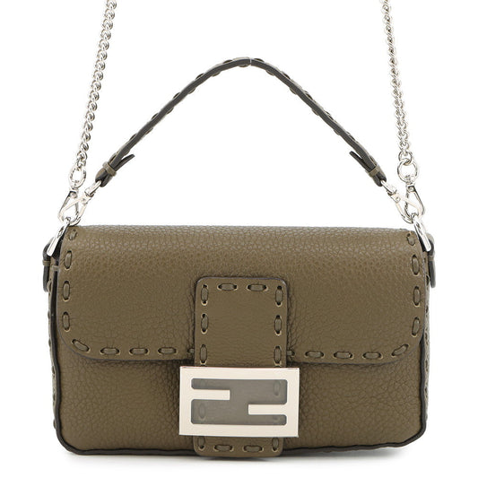 FENDI Baguette Selleria 2-Way Chain Shoulder Bag Khaki8BS017 Leather Size Mini