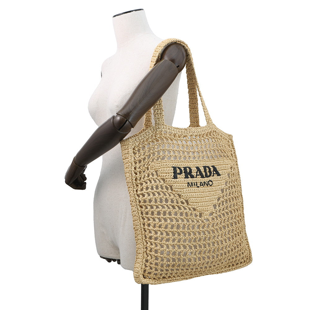 PRADA Logo Crochet Tote Bag Natural2VG105 Raffia