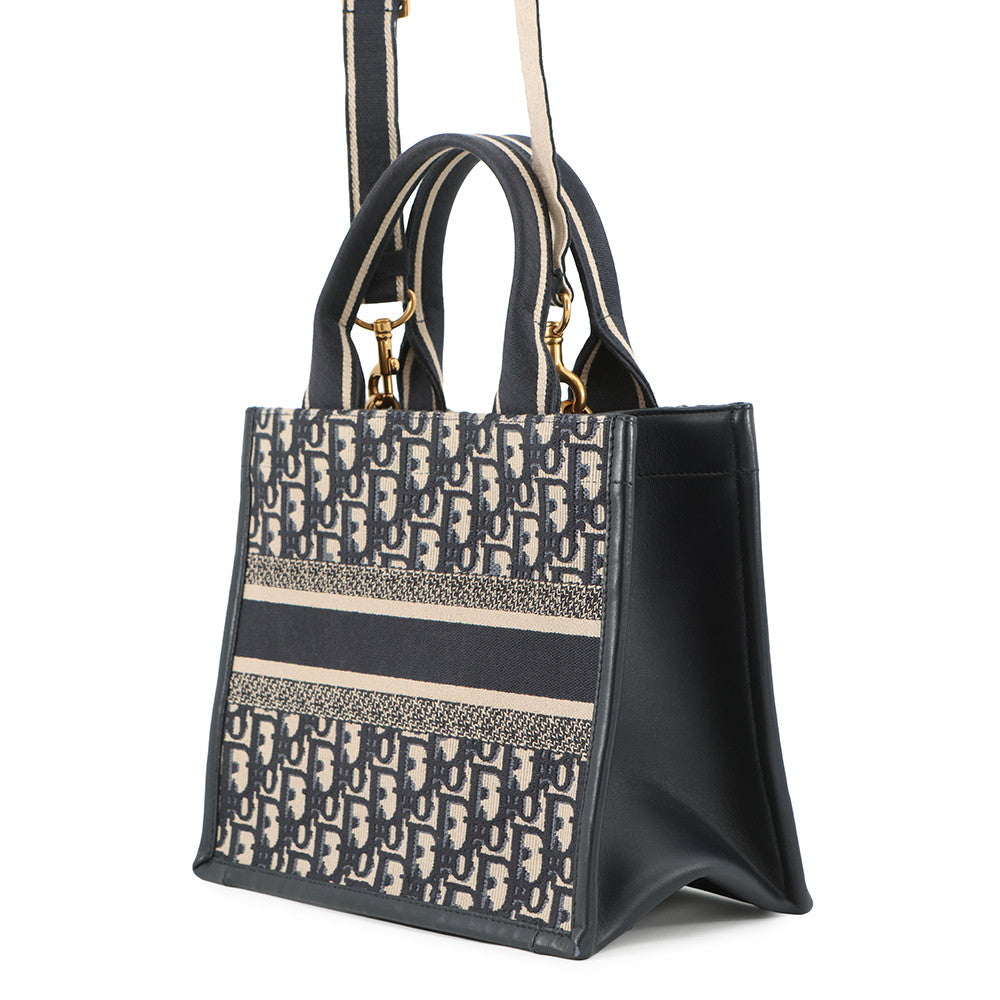 Dior Oblique Embroidery Book Tote NavyM1325CZBB Canvas Calf Leather Size Small