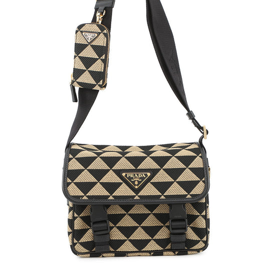 PRADA Symbol Embroidery Shoulder Bag Beige/Black2VD034 Canvas Leather