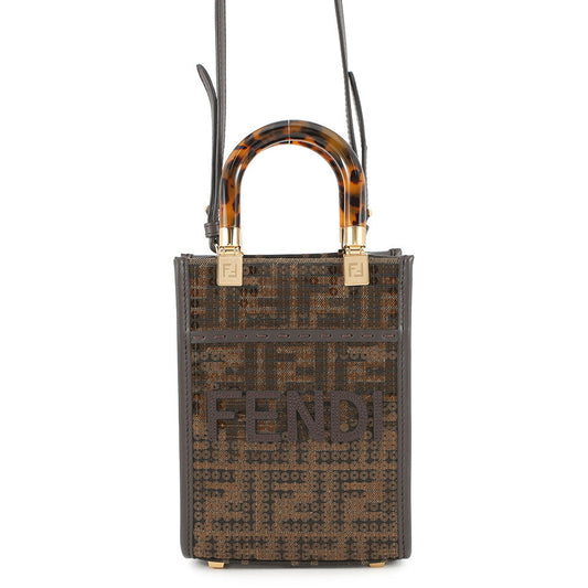 FENDI Zucca Sunshine Shopper 2-Way Handbag Brown8BS051 Canvas Leather Sequins