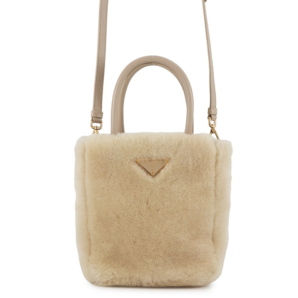 PRADA 2WAY Handbag Beige1BA392 Sheepfur Leather
