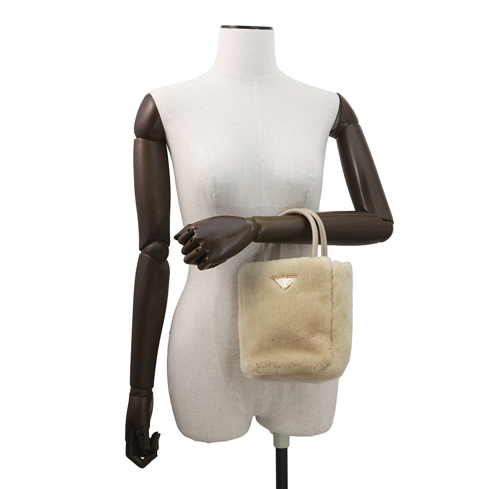 PRADA 2WAY Handbag Beige1BA392 Sheepfur Leather