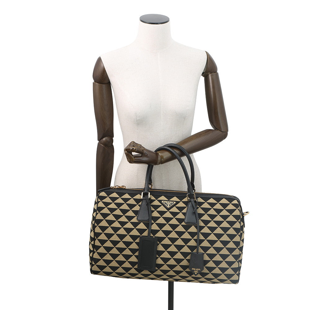 PRADA Symbol EmbroideryFabric Travel Bag Beige/Black2VC034 Canvas Saffiano LeatherLeather